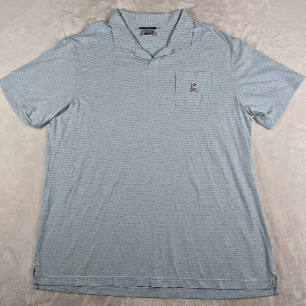 Psycho Bunny Polo Shirt Men's XLT Blue Striped Johnny Collar Pocket‎ Comfort